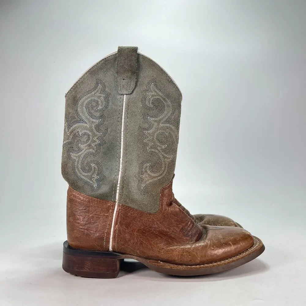 Old West Brown Grey Leather Pull On Square Toe Cowboy Western Boots Youth Sz 2D